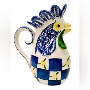 JF Vestal Chicken Spongeware Checkerboard Hand Painted Ceramic Farmhouse Pitcher